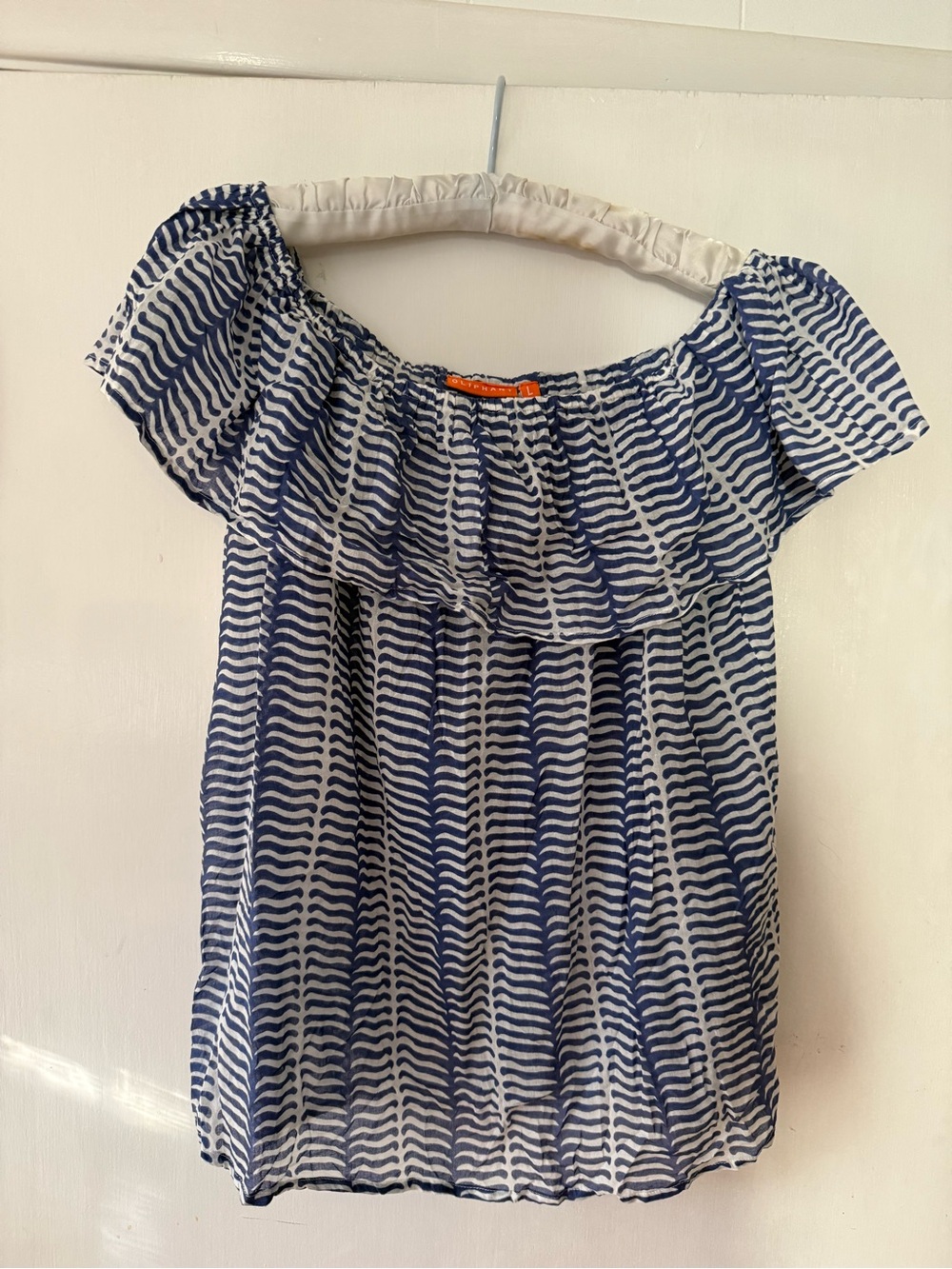 Oliphant Navy and White Off-Shoulder Ruffle Camisole